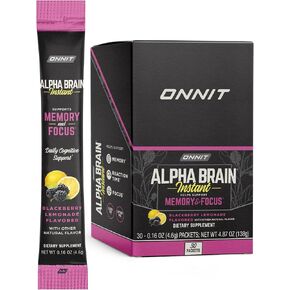 Onnit Alpha Brain Instant - Meyer Lemon Flavor - Nootropic Brain Booster Memory - للتركيز والطاقة والوضوح - Alpha GPC choline ، Cats Claw ، L -theanine ، Bacopa - 30ct