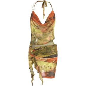 Women Sexy Halterneck Mini Dress Hollow Out Colourful Mesh Floral Dress for Beach Party Night