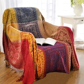amorus Boho Sofa Cover, Chenille Jacquard Tassels Throw Blankets for Couch Bed, Decorative Sofa Slipcover Protector - Colorful Tribal Pattern (L,86 * 102inch)