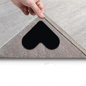 12Pieces Anti-Slip Rug Grips, Keep Area Rugs Corners from Curling and Bunching，Reusable Heart-Shaped Carpet Holders, Removable and Washable, Black