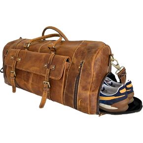 KomalC Leather Duffel Bags for Men and Women Full Grain Leather Travel Overnight Weekend Leather Bags Sports Gym Duffel for Men (Tan, 20 Inch)