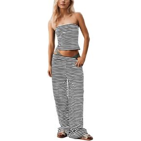 Women Sailor Tube Top Set 2 Piece Outfits Striped Strapless Bandeau Low Waist Wide-Leg Pants Lounge Sets