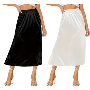 Ellames Women's 2 قطع نصف زلات أسفل الفساتين الساتان الطويل أسفل القميص قميص Slip Skirt Extender بالأبيض والأسود 27 "متوسطة
