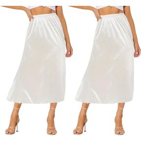 Ellames Women's 2 قطعة نصف زلات أسفل الفساتين الساتان الطويلة أسفل القميص النزلة قميص تنورة موسع أبيض وأبيض 27 "متوسطة