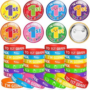 Kindergarten Graduation Party Favors - 56Pcs I'm Going to 1st Grade Button Pin with Silicone Bracelet Class of 2025 Congrats Grad Rubber Wristband Badge Pins for Kids Graduation Ceremony Exchange Gift