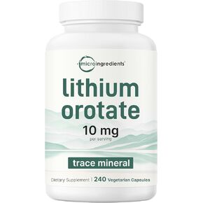 Lithium Orotate 10mg, 240 Veggie Capsules | Highly Bioavailable | Elemental | Double Strength | Essential Trace Mineral | Healthy Aging, Brain Supplement, & Mood Support | Non-GMO, Gluten Free