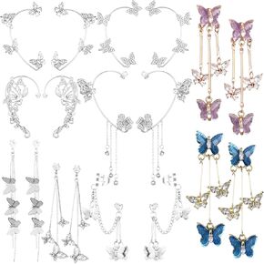 Nosiny 9 Pairs Butterfly Ear Cuffs Earrings Butterfly Long Drop Dangling Glitter Rhinestone Earrings Wrap Around Jewelry for Women Birthday Wedding Christmas Party Accessories