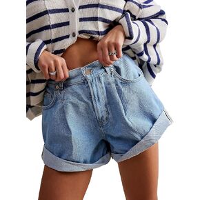Womens Jean Shorts, Stretchy Denim Shorts with Pockets Elastic Waisted Relaxed Fit