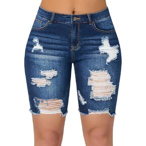 roswear Women's High Waisted Ripped Bermuda Denim Shorts Stretchy Knee Length Jean Shorts