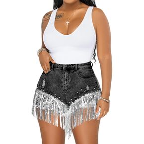 CYLADY Women High Waisted Denim Shorts Ripped Jeans Frayed Raw Hem Tassels Jean Shorts in Kuwait