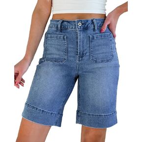 luvamia Bermuda Shorts for Women High Waisted Trendy Patch Pocket Casual Vintage Long Stretchy Denim Shorts Summer Jorts