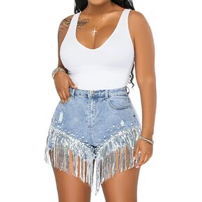 CYLADY Women High Waisted Denim Shorts Ripped Jeans Frayed Raw Hem Tassels Jean Shorts