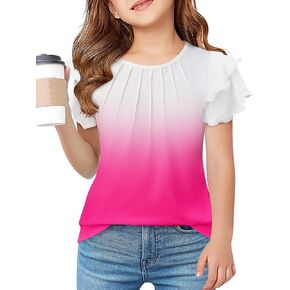 Arshiner Girls T Shirts Ruffle Short Sleeve Summer Pleated Crewneck Casual Tops Tees Blouses