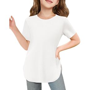 Haloumoning Girls Summer Short Sleeve Shirt Kids Crewneck Curve Hem Soft Tunic Tops T-Shirts 5-14 Years