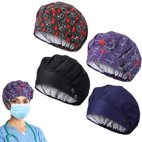 Zhengmy 4 PCS Cap Bouffant Scrub مع أزرار وعرق ساتان ساتان قابل للتعديل المبطنة للنساء الممرضة للنساء ممرضة