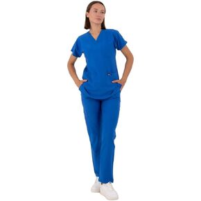 UNIYAZGAN Scrubs for Women Set, Medical Nursing Uniform 4 Way Stretch V-Neck Scrub Top with 3 Pocket & Pant with 5 Pockets