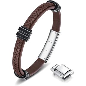 Leather Bracelet for Men with Adjustable Stainless Steel Magnetic Clasp Multi-Layer Braided Mens Leather Bracelet