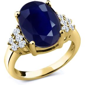 Gem Stone King 5.40 Ct Blue Sapphire White Created Sapphire 18K Yellow Gold Plated Silver Ring