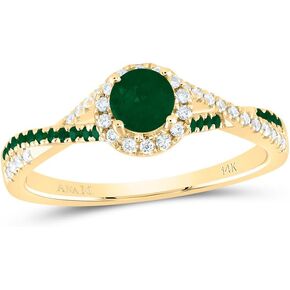 Jewels By Lux 14kt Yellow Gold 1/8 Cttw Diamond Ana M and 1/10 Cttw Round Emerald 4mm Round Emerald Natural Gem Single Halo Wedding Engagement Anniversary Bridal Ring, Women Size: 5-9