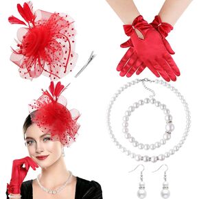 DRESHOW 1920s Vintage Fascinators Hat for Women Veil Mesh Tea Party Derby Hat Bow Satin Gloves Pearl Jewelry Set for Cocktail