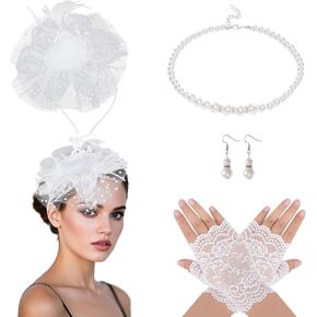 Fascinators Hat for Women Tea Party Veil Mesh Headband Feather Hat Half Lace Gloves Pearl Jewelry Set in Kuwait