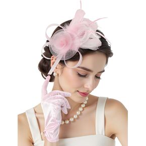 2pcs 50s سحر القبعات للنساء زفاف كوكتيل زهرة الشبكات شرائط الريش كنيسة شاي الحفلات القبعات والقفاز الدانتيل