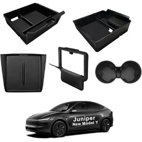 BestEvMod 5PCS Center Console Organizer Compatible with 2026 2025 Tesla New Model Y Juniper Accessories ABS Slide Smoothly Cup Holder Insert Wireless Charger Mat Silicone (Black)