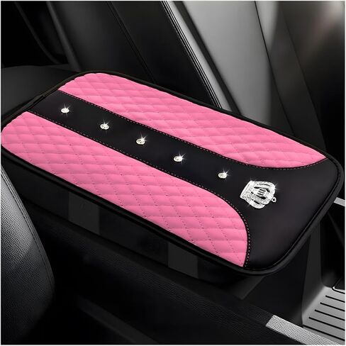 Bling Crown Car Center Console Mats, Anti-Slip and Waterproof Crystal Car Armrest Pad Protector, Universal Rustproof Armrest Decor Cushion for Cars & SUVs, Car Accessories (Pink) in Saudi Arabia
