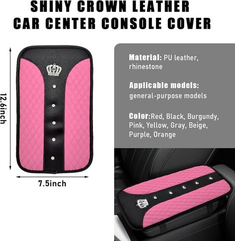 Bling Crown Car Center Console Mats, Anti-Slip and Waterproof Crystal Car Armrest Pad Protector, Universal Rustproof Armrest Decor Cushion for Cars & SUVs, Car Accessories (Pink) in Saudi Arabia