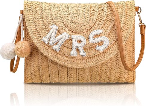 Pinkunn Bride Gift Straw Shoulder Bag Clutch Rhinestone Letter Purse Beach Bachelorette Honeymoon Wedding Bridal Shower in Saudi Arabia