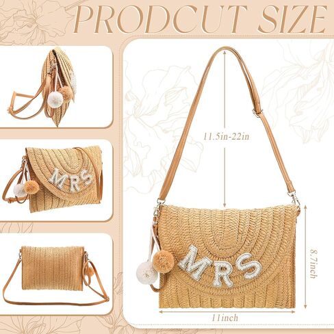 Pinkunn Bride Gift Straw Shoulder Bag Clutch Rhinestone Letter Purse Beach Bachelorette Honeymoon Wedding Bridal Shower in Saudi Arabia