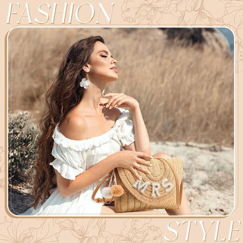 Pinkunn Bride Gift Straw Shoulder Bag Clutch Rhinestone Letter Purse Beach Bachelorette Honeymoon Wedding Bridal Shower in Saudi Arabia