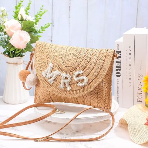 Pinkunn Bride Gift Straw Shoulder Bag Clutch Rhinestone Letter Purse Beach Bachelorette Honeymoon Wedding Bridal Shower in Saudi Arabia