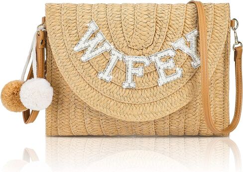 Pinkunn Bride Gift Straw Shoulder Bag Clutch Rhinestone Letter Purse Beach Bachelorette Honeymoon Wedding Bridal Shower in Saudi Arabia