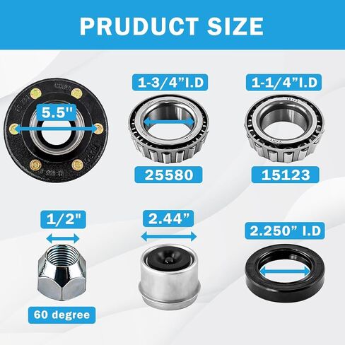 Trailer Idler Hub Hub Kit 6 on 5.5 "لـ 5200 إلى 6000 رطل 1-3/4" محور المقطورة ، محور المقطورة 6 مثبتة مسبقًا مع سباق المحمل ، تشمل 15123 مجموعات ، 2 مجموعات in Kuwait