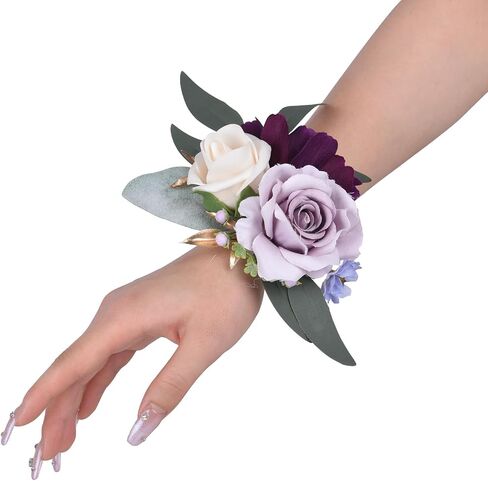 DearHouse 2 Pack Premium Silk Rose Wristlet Corsage - Adjustable Floral Bracelet for Weddings, Prom, Valentine's Day, Bridal Party Accessories, Elegant Gift for Women & Men (Purple) in Kuwait