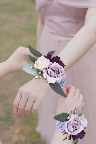 DearHouse 2 Pack Premium Silk Rose Wristlet Corsage - Adjustable Floral Bracelet for Weddings, Prom, Valentine's Day, Bridal Party Accessories, Elegant Gift for Women & Men (Purple) in Kuwait