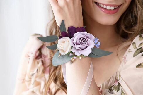DearHouse 2 Pack Premium Silk Rose Wristlet Corsage - Adjustable Floral Bracelet for Weddings, Prom, Valentine's Day, Bridal Party Accessories, Elegant Gift for Women & Men (Purple) in Kuwait