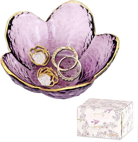Purple Flower Jewelry Dish Glass Ring Dish Jewelry Tray Cute Vanity Organiser Room Decor Aesthetic Nightstand Bathroom Decor Trinket Dish Ring Holder Dish Jewellery Tray Valentine's Gifts for Women in Kuwait