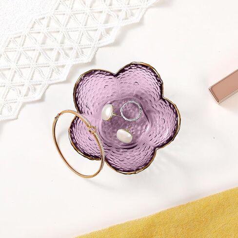 Purple Flower Jewelry Dish Glass Ring Dish Jewelry Tray Cute Vanity Organiser Room Decor Aesthetic Nightstand Bathroom Decor Trinket Dish Ring Holder Dish Jewellery Tray Valentine's Gifts for Women in Kuwait