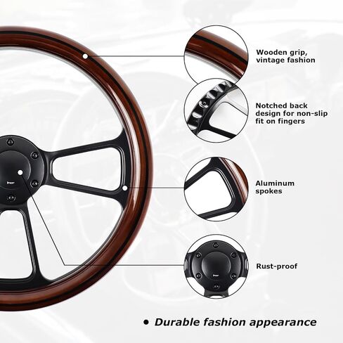 Universal Wooden Racing Steering Wheel 14 Inch 6 Bolt Black Aluminum 3 Spoke Rivet Steering Wheel with Horn Button for Racing/Rally/Motor Sports in Kuwait