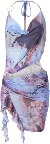Women Sexy Halterneck Mini Dress Hollow Out Colourful Mesh Floral Dress for Beach Party Night in Saudi Arabia
