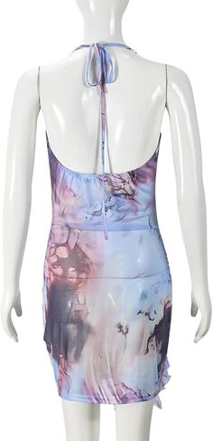 Women Sexy Halterneck Mini Dress Hollow Out Colourful Mesh Floral Dress for Beach Party Night in Saudi Arabia