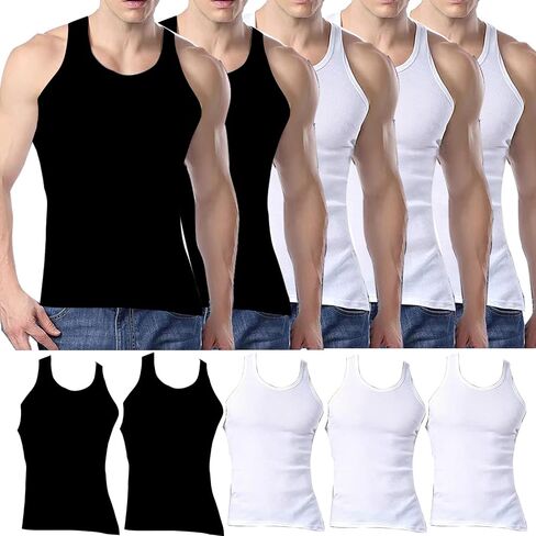 Men's Tank Top Cotton Undershirts Sleeveless T-Shirts Basic Solid Sweat Vest Multipack White Black Pack of 5 in Kuwait