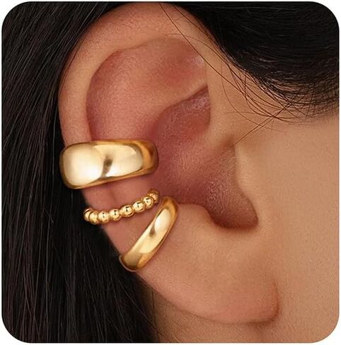 OOOPEL 3 Pairs 14K Gold Ear Cuffs Non Piercing lightweight Stackable Chunky Earring Cuff for Women Adjustable Non-Fading Fake Earrings Suitable for Christmas Gift in Kuwait