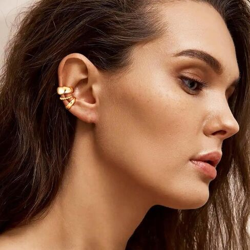 OOOPEL 3 Pairs 14K Gold Ear Cuffs Non Piercing lightweight Stackable Chunky Earring Cuff for Women Adjustable Non-Fading Fake Earrings Suitable for Christmas Gift in Kuwait