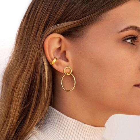 OOOPEL 3 Pairs 14K Gold Ear Cuffs Non Piercing lightweight Stackable Chunky Earring Cuff for Women Adjustable Non-Fading Fake Earrings Suitable for Christmas Gift in Kuwait