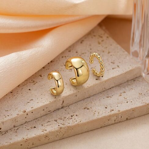 OOOPEL 3 Pairs 14K Gold Ear Cuffs Non Piercing lightweight Stackable Chunky Earring Cuff for Women Adjustable Non-Fading Fake Earrings Suitable for Christmas Gift in Kuwait