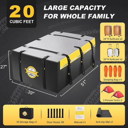 Sailnovo Rooftop Cargo Carrier Car Top Carrier 20 Cubic Waterproof Soft-Shell Carriers Car Roof Bag Fits Cars with/Without Rack Includes Anti-Slip Mat, 6 Door Hooks & PVC, Yellow in Saudi Arabia