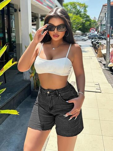 ELLEVEN Women's Raw Hem Jean Shorts, Wide Straight Leg Mom Denim Shorts in Saudi Arabia